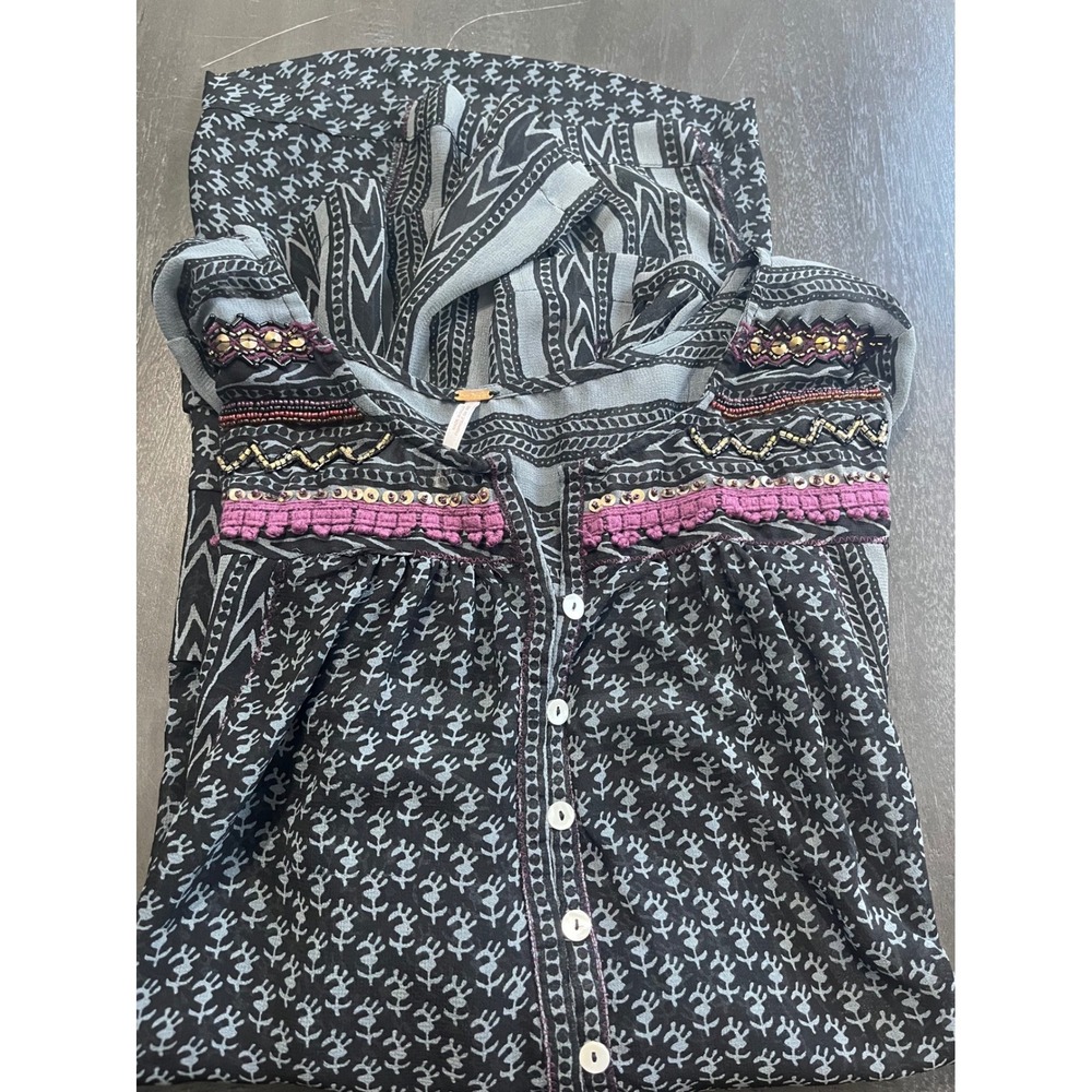 Free People Black Patterned Beaded Tunic Top Long Sleeve Women Medium Sheer Boho - Picture 14 of 14